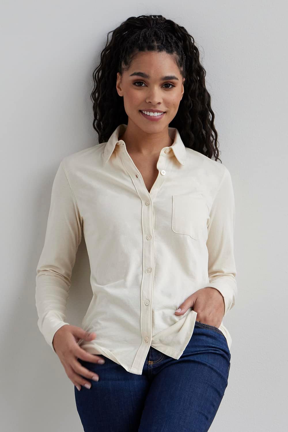 Fair Indigo Women's 100% Organic Pima Cotton Long Sleeve Knit Button Down Shirt