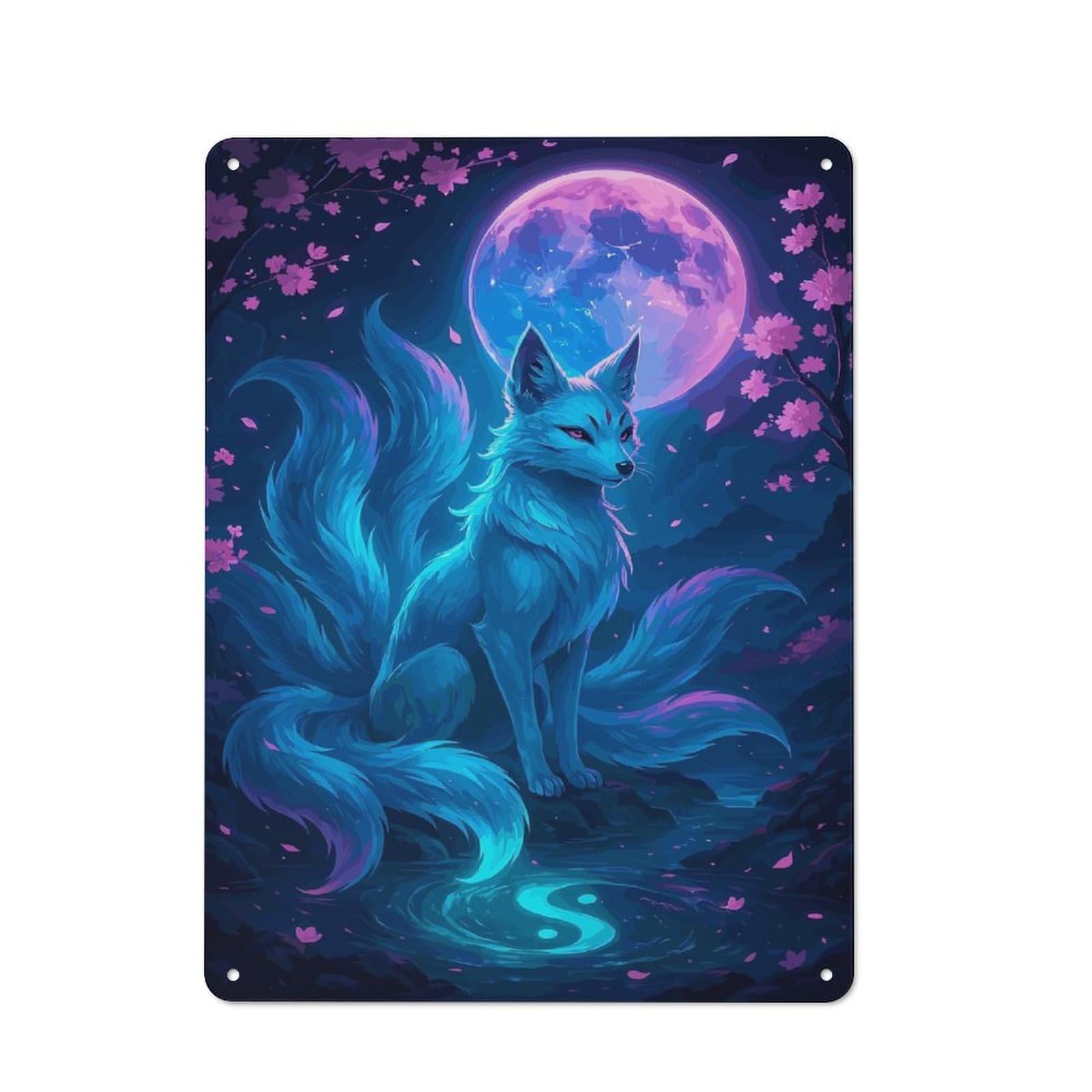 Junmoney Style-3 Vintage Metal Plaque 40X30cm Featuring Nine-Tailed Fox Under The Moonlight For Hallway Wall, For Wall Display Collectors