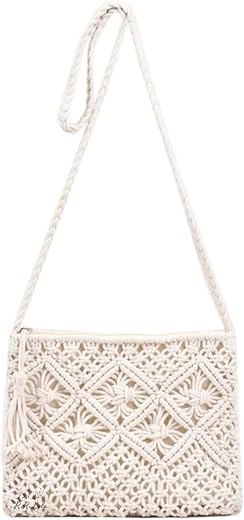 R.R.LALA Women Macrame Shoulder Bag, Knitting Handmade Weaving Hand bag, Simple Hollow Beach Bag,White - Size: Width 25 cm...