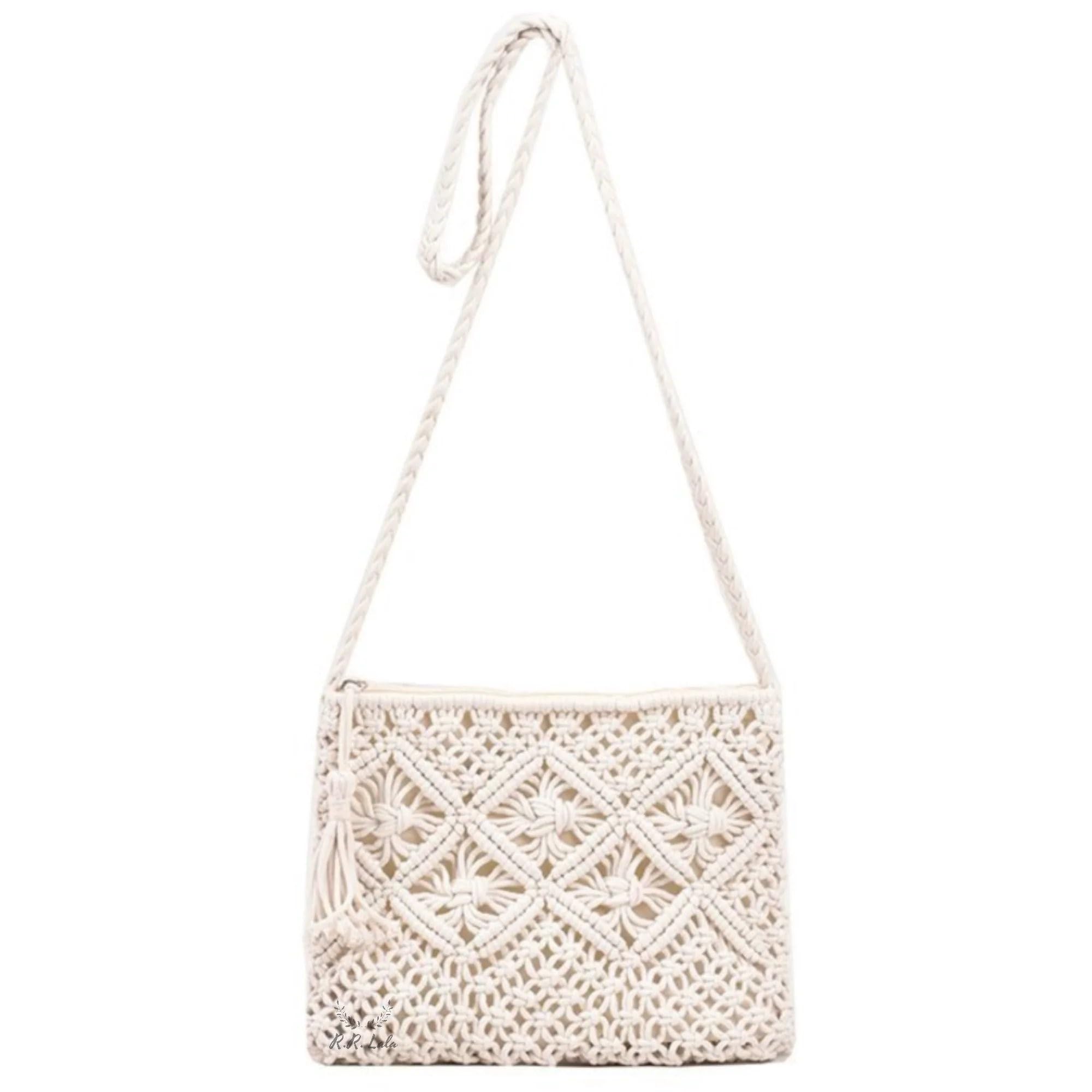 Women Macrame Shoulder Bag, Knitting Handmade Weaving Hand bag, Simple Hollow Beach Bag,White - Size: Width 25 cm x Length 20 cm Off White COLOR