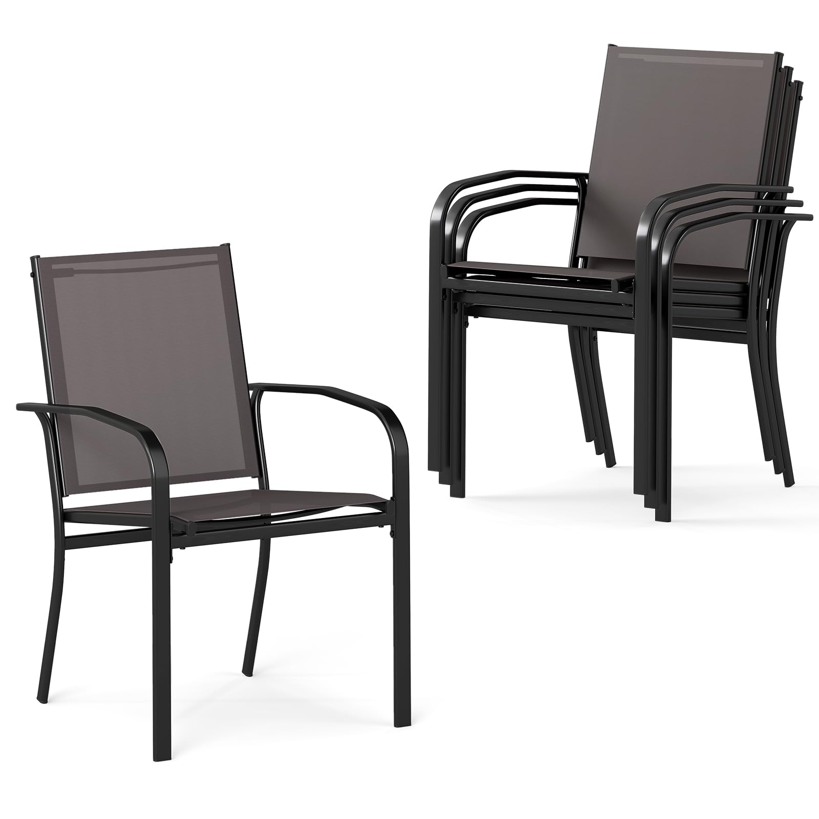 COSTWAY Lot de 2/4 Chaises de Jardin Exterieur Empilable, Chaise de Salle à Manger, Tissu Respirant, Dossier Haut, Cadre en Métal, Fauteuil Exterieur pour Jardin Terrasse Balcon, Charge 150 kg (4)