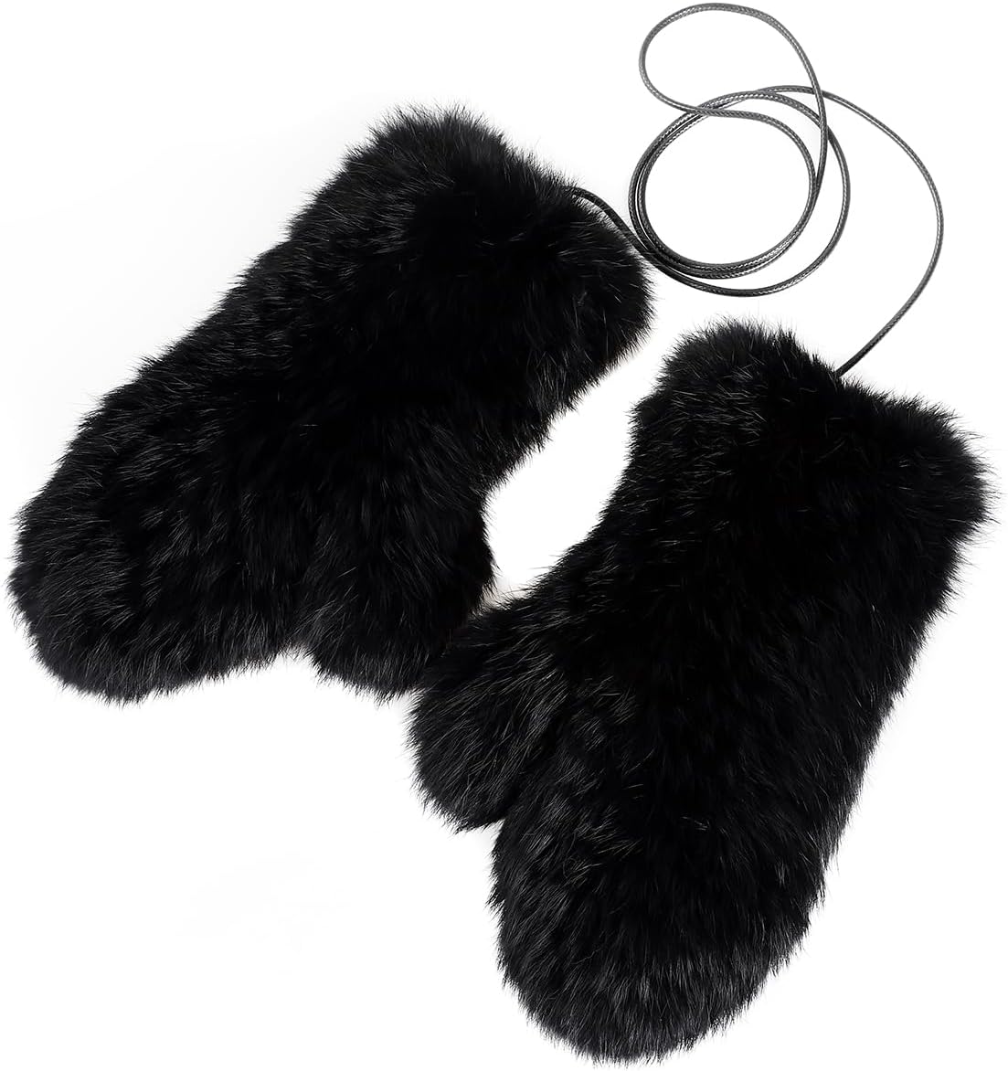 Luxury Women's Genuine Rabbit Fur Knitted Mittens-Soft Winter Cold Weather Gloves-Removable Rope String