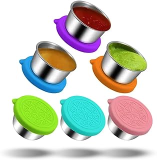 Pack of 6 Salad Dressing Container To Go: Small Condiment Containers with Lids, Reusable Stainless Steel Sauce Cups, Leakproof Silicone Lids for Bento Box, Picnic and Travel (Multi Color - 2.36oz)