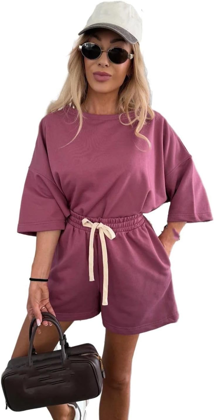 Women's Casual Half Sleeve T-Shirt and Strap Shorts 2 Piece Loose Set