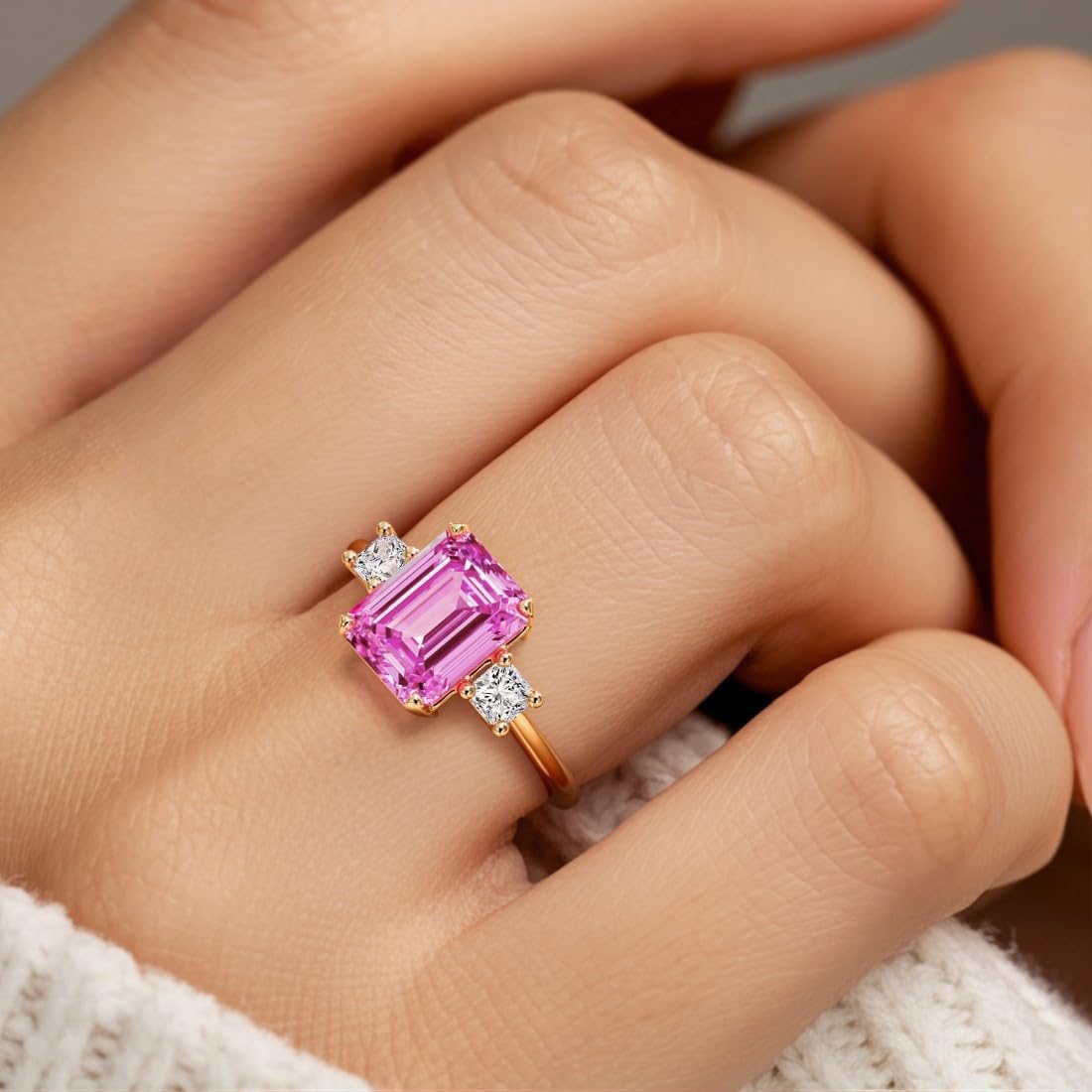 Solid 14k White or Yellow Gold 3.50 Carats Emerald Cut Lab Grown Pink Sapphire Ring with Princess Cut Diamond Sides, 3 Stone Engagement, September Birthstone, Birthday, Anniversary, Wedding Gift for Women, w/ Jewelry Box, Sizes 4-10