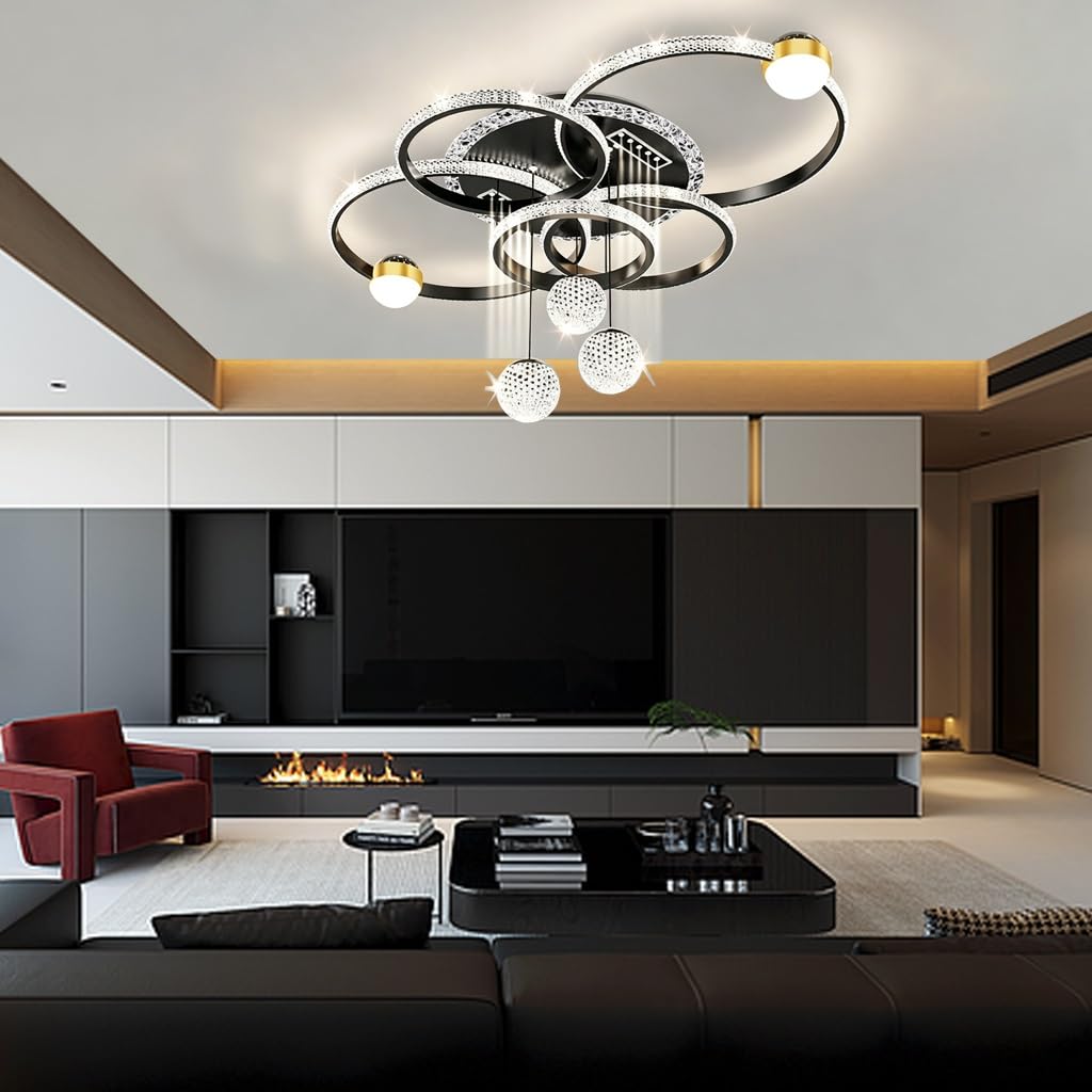 Plafonnier LED cristal pour salon et salle à manger, grand lustre moderne 188W à anneaux