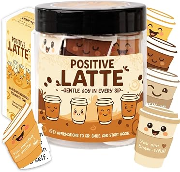 Positive Latte Jar 60 Funny Emotional Support Lattes, Coffee Gifts for Women, Men Birthday Gift, White Elephant Gift for Coworker, Boss, Nurse, Teacher, Teens, Back to School Gifts