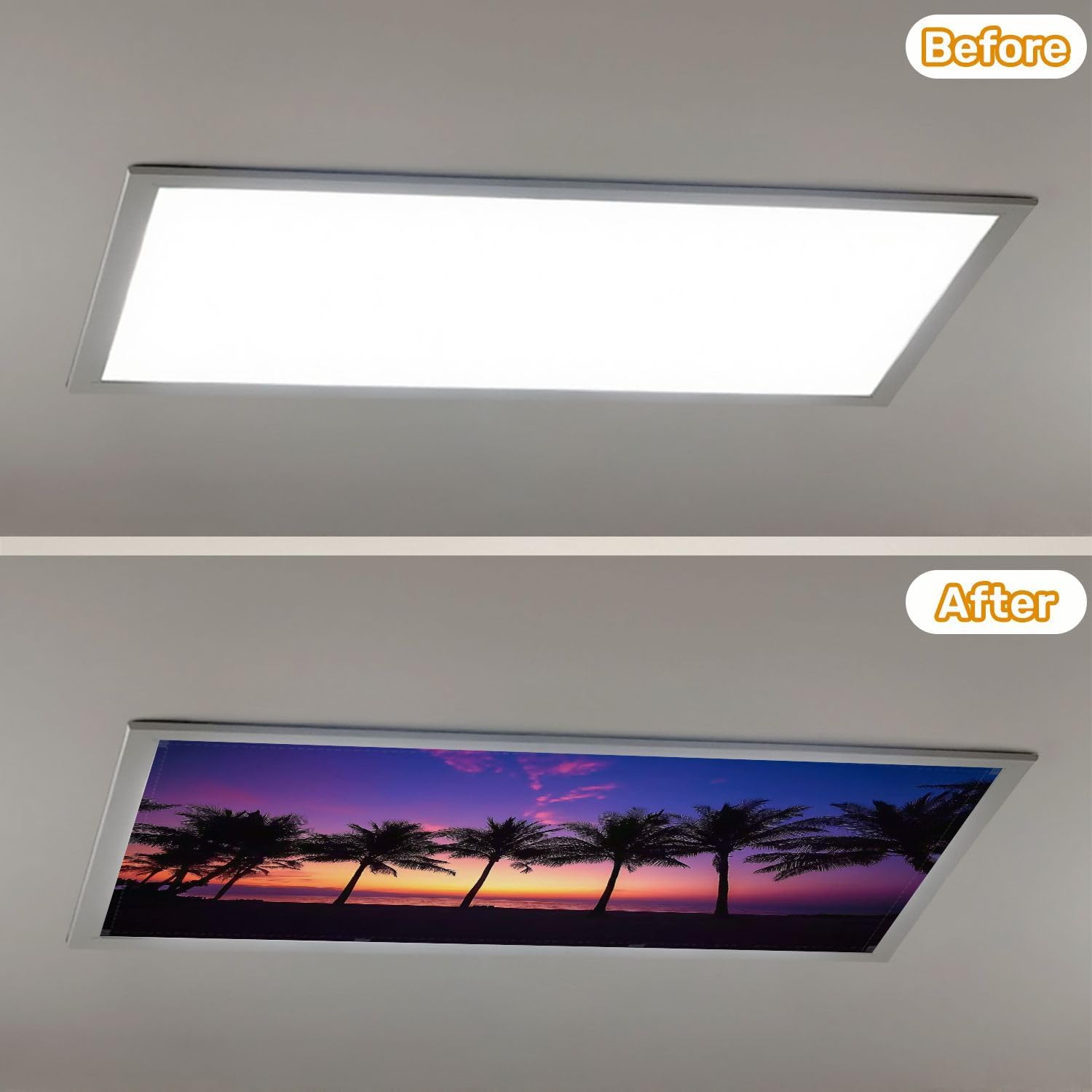 Fluorescent Light Covers for Ceiling Lights Coconut Tree Silhouette Twilight Beach Easy to Install Magnetic Light Filter for Classroom Office Hospitals School Home Decor