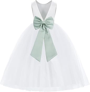 ekidsbridal White V-Back Satin Flower Girl Dress with Colored Sash Princess Gown 219T