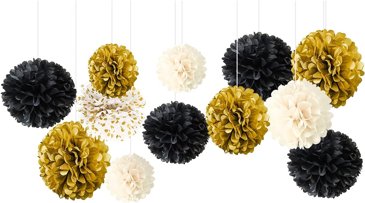 NICROLANDEE Black Gold New Years Party Decorations - 12 PCS Black Gold and White Tissue Paper Pom Poms for Wedding Décor, Birthday Graduation, Anniversary Party, Prom Decorations, Gatsby Decorations