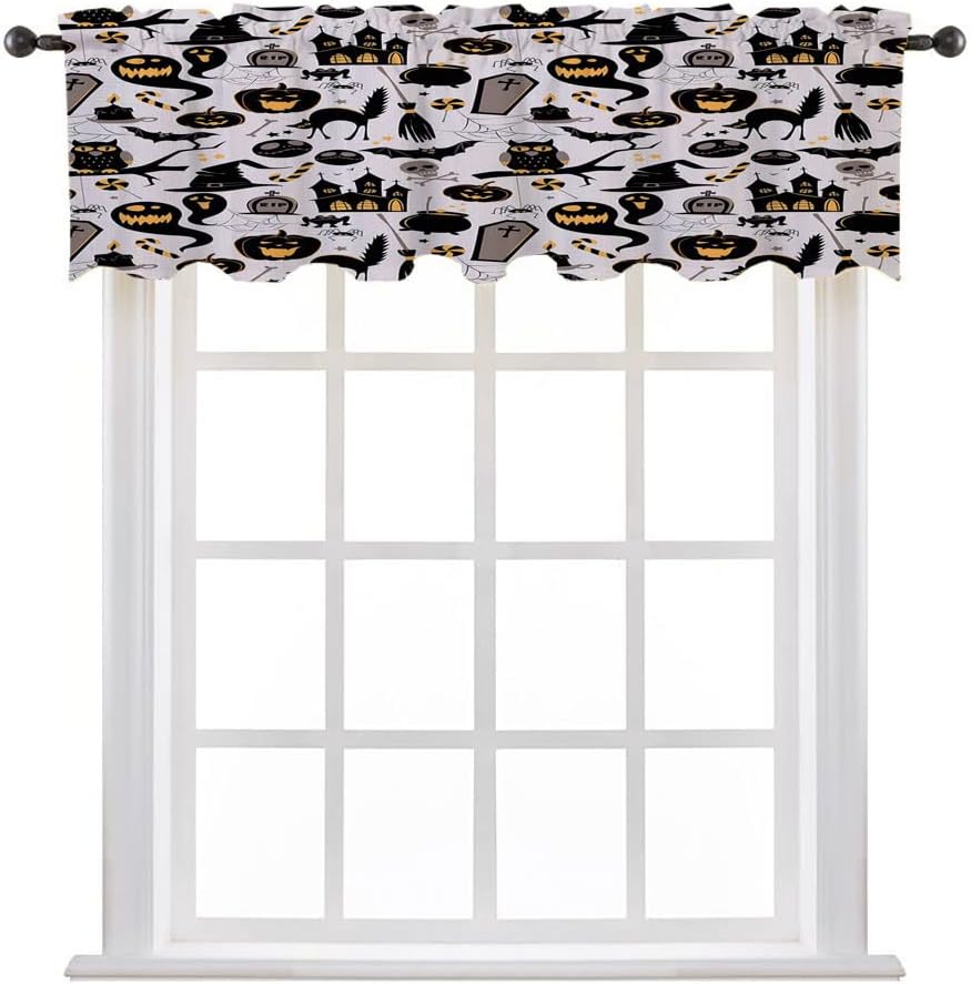 Valances for Kitchen, Vintage Halloween Abstract Half Window Curtain, Halloween Cartoon Jack o Lantern Tombstone Skulls and, 50" W x 18" L, Bedroom Bathroom Living Room Dining Room