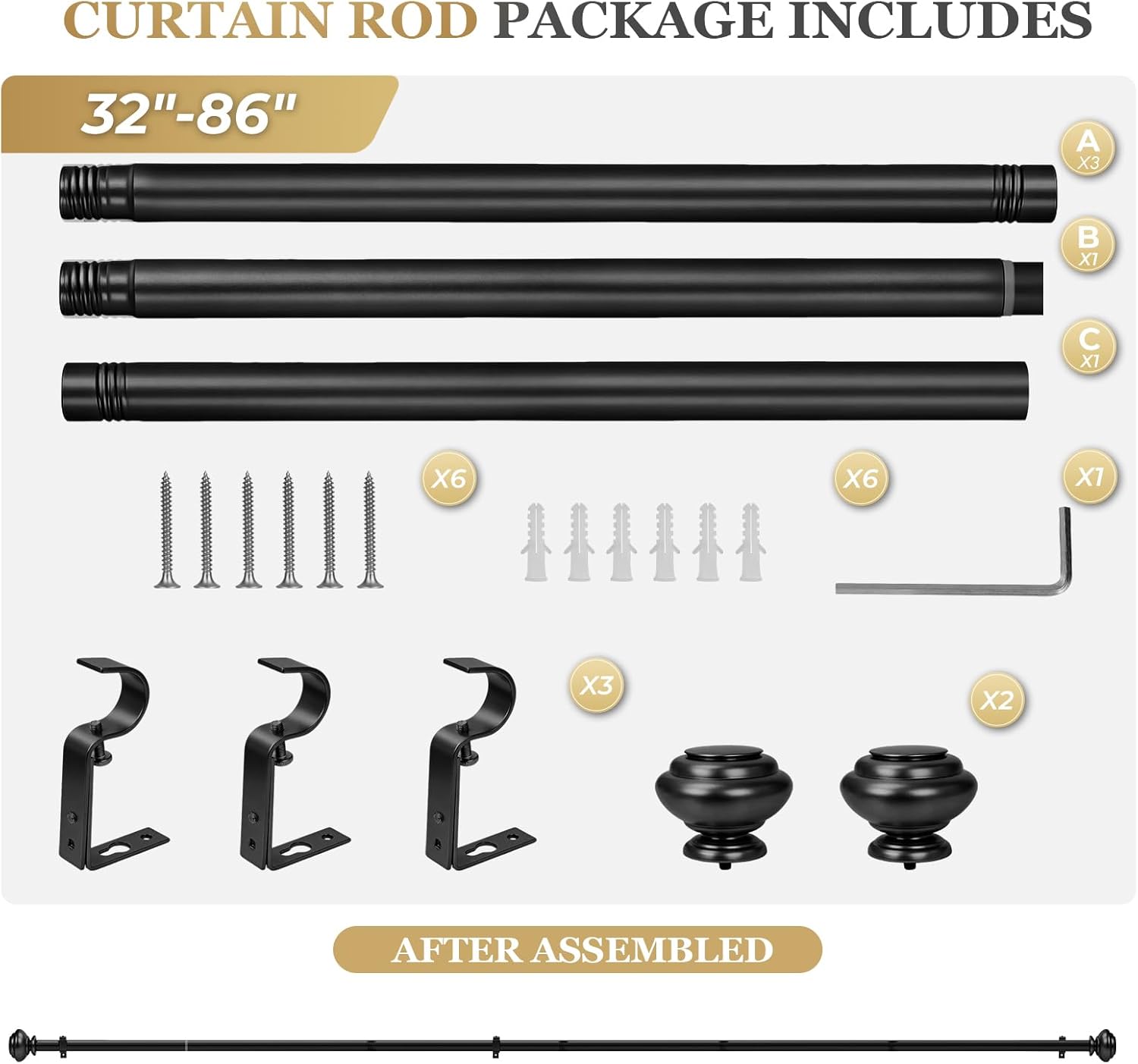 1 Inch Black Curtain Rods for windows,Heavy Duty Curtain Rods for Windows 48 to 84 Inch,Standard Decorative Window Curtain Rod Set with Brackets for bathroom Kitchen Bedroom Window