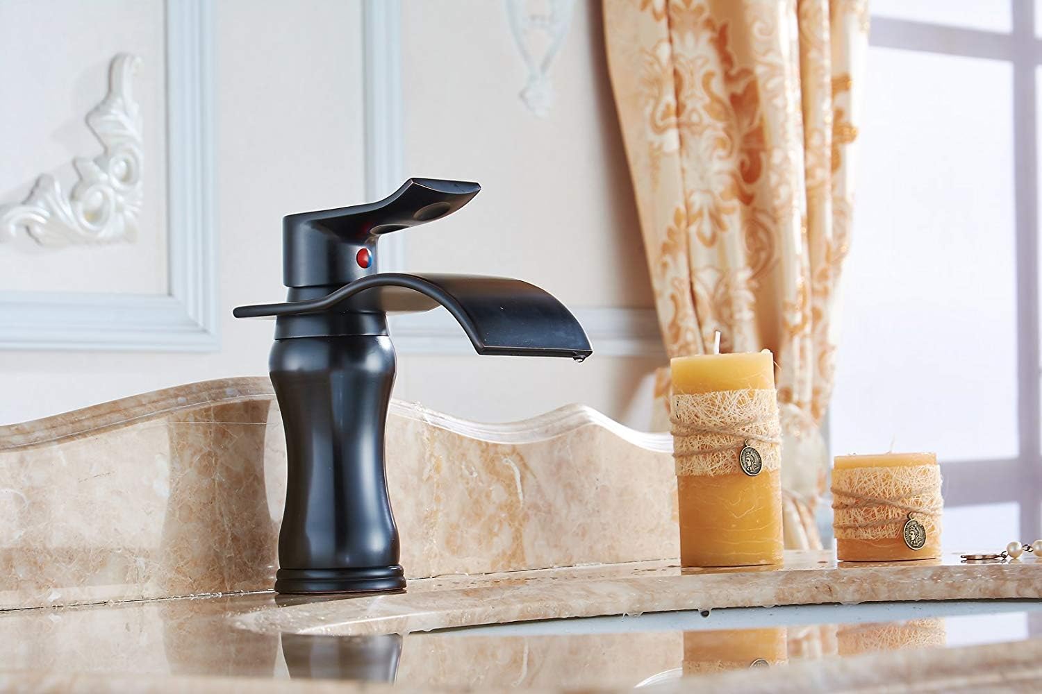 Buy 1 get 1 BWE Oil Rubbed Bronze Bathroom Faucet Waterfall with Pop Up Drain Stopper Assembly Water Supply Hose Rustic Lavatory Vanity Bath Farmhouse Single Handle Bathroom Faucets for Sink 1 Single Hole