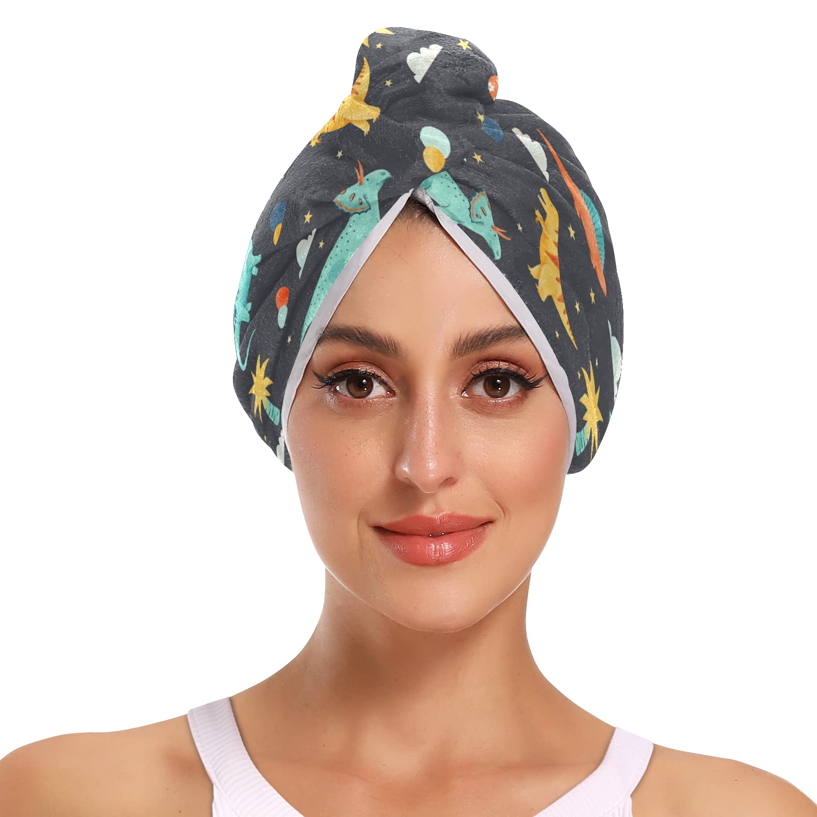 Mnsruu Cute Dinosaur Microfiber Hair Towel Wrap for Women, 2 Pack Quick Dry Hair Turban for Drying Hair