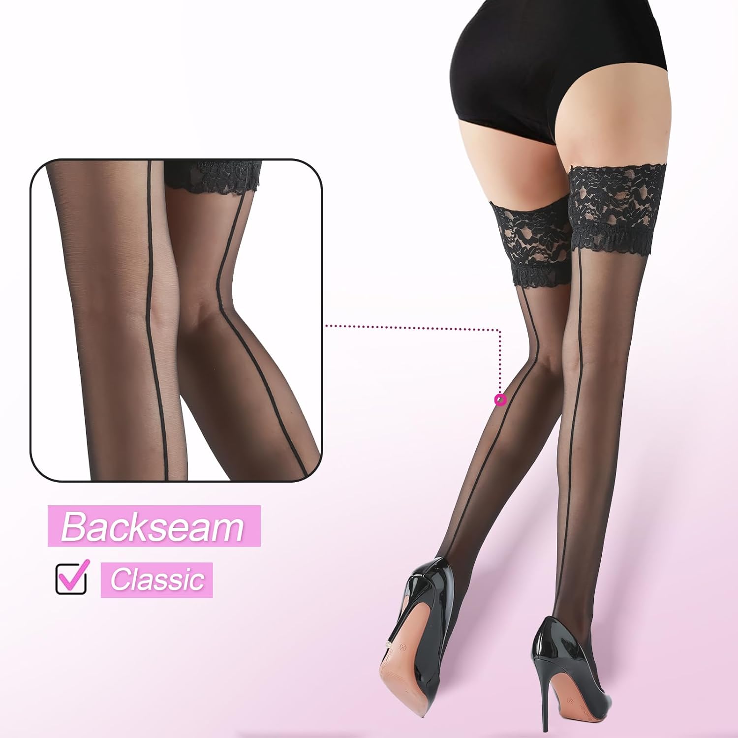 G&Y Backseam Thigh High Stockings with Silicone - 15D Sheer Lace Top Nylon Stay Up Pantyhose with Reinforced Toe for Women - Image 3