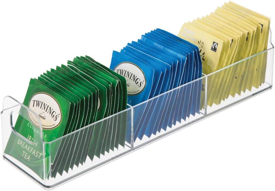 mDesign Kitchen Plastic Pantry, Cabinet, Countertop Organizer Storage Station Tea Caddy Holder - For Beverage Bags, Sweeter, Individual Packets - 12" x 3" x 3" - 2 Pack - Clear