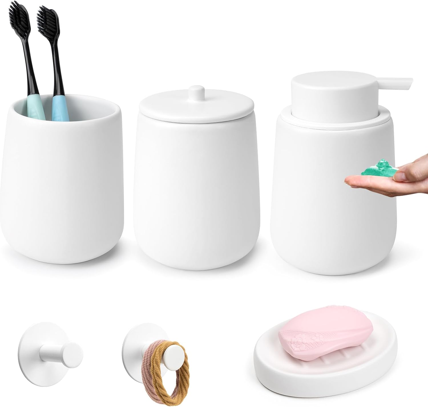 Ceramic Bathroom Accessories Set 6 Pcs, White Bathroom Accessory Set Includes Liquid Soap Dispenser with Rust-Proof Plastic Pump, Bathroom Cup, Qtip Holder, Soap Dish, 2Pcs Adhesive Hooks for Home