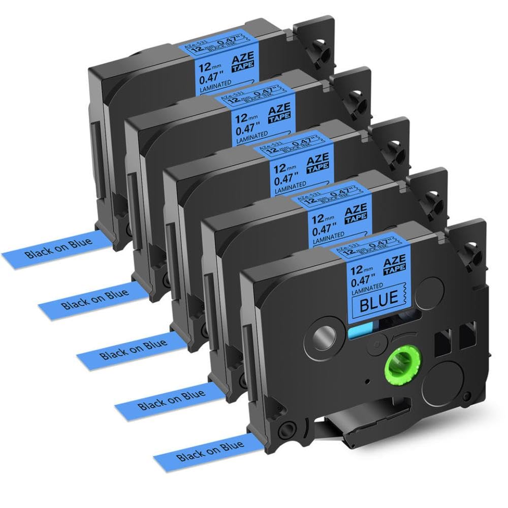 Nastro per etichette 5 pezzi multicolore 12 mm compatibile con Tze 231 431 531 631 731 nastro laminato compatibile con stampante PTD410 PTD460BT(5PK Black on Blue)