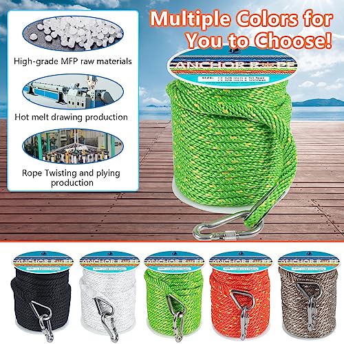 3/8 Inch 50 FT Anchor Rope, Boat Anchor Rope Solid Braid MFP, Anchor Line with 316 Stainless Steel Thimble and Snap Hook- Green & Yellow