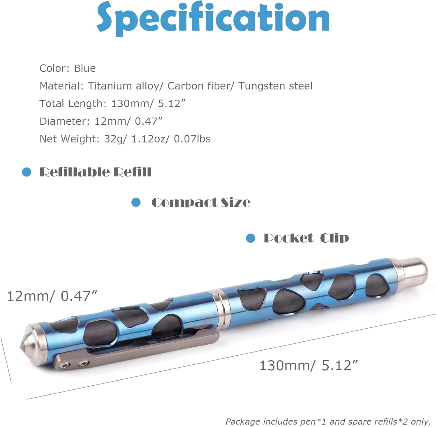 Hamans Titanium Ballpoint Pen 5.12" Screw Cap Design with Pocket Clip Black Ink Refillable Writing Pen
