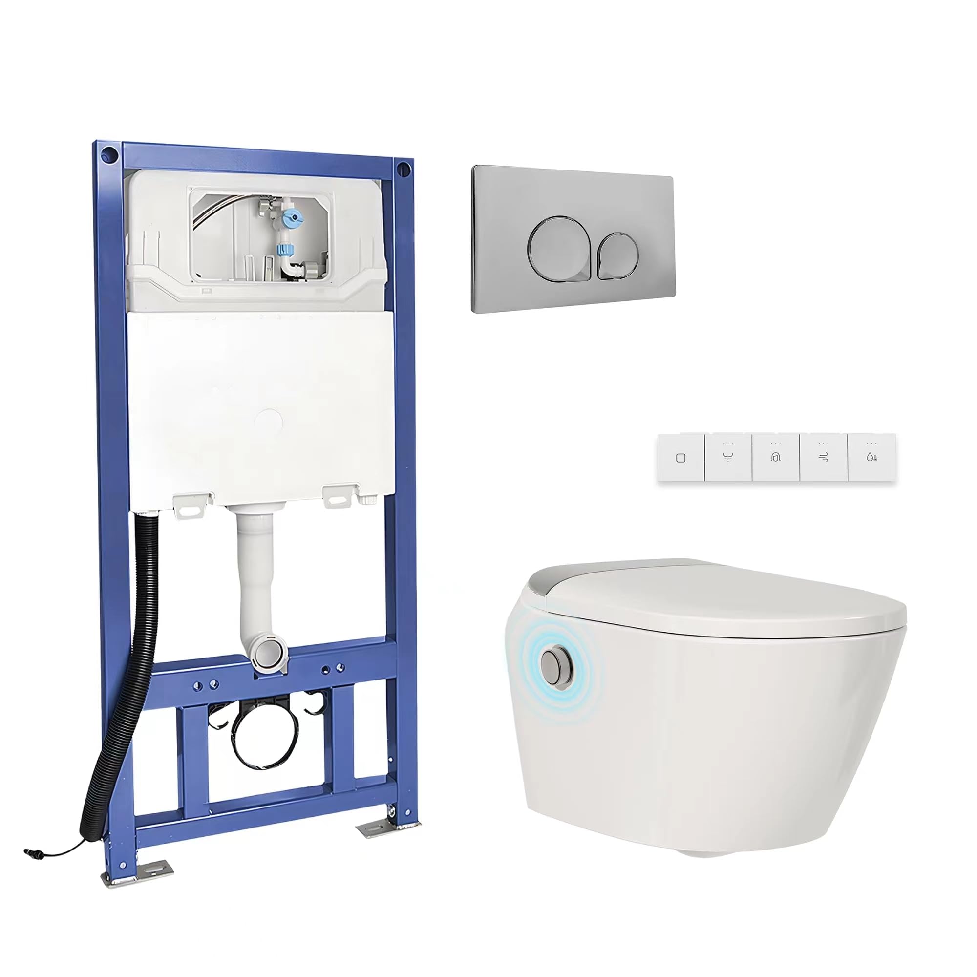 Toilette Japonaise Complète avec Fonction Bidet (Incluant Bâti-Support), Siège Chauffant, Buse Autonettoyante, Chasse d'Eau Automatique et Télécommande WC Intelligent Moderne avec Douche Intégrée