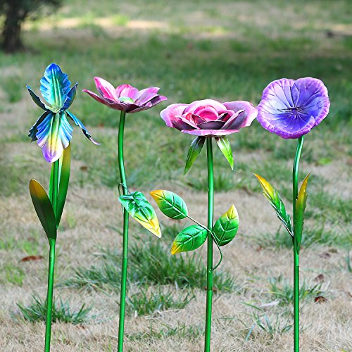 Metal Flower Garden Stake Cute Metal Flower Stick Art Ornament Decor Spring Floral Outdoor Flower Garden Stakes, 4 Pcs #TOP2