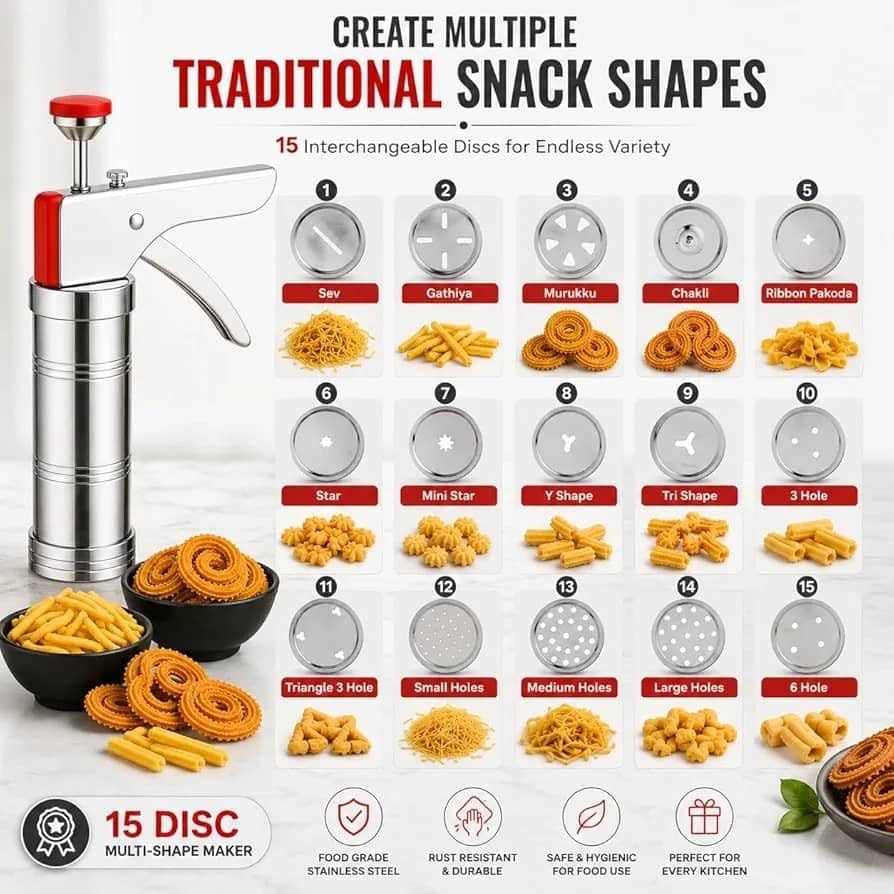 Image of Sev Maker Machine Stainless Steel with 15 Interchangeable Jali Discs, Hand Press Snack Maker, Murukku Maker, Chakli Press, Namkeen Maker for Home Kitchen