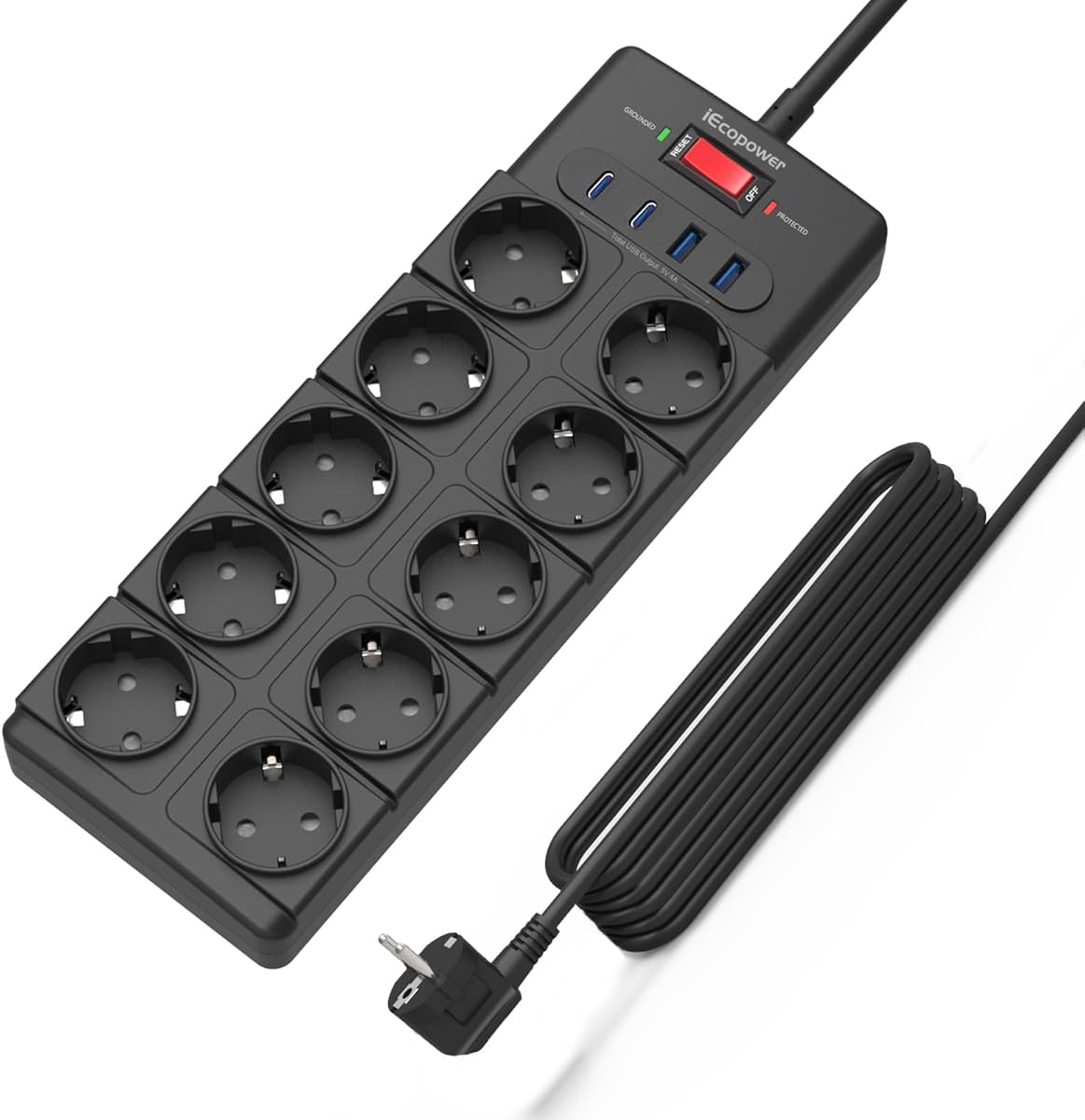 IECOPOWER multiprise 10 prises, 2 USB-C et 2 USB-A ports, interrupteur, 4000W/16A, 1050 J, parafoudre, câble d'extension 5 m, noir