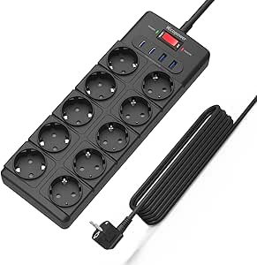 IECOPOWER multiprise 10 prises, 2 USB-C et 2 USB-A ports, interrupteur, 4000W/16A, 1050 J, parafoudre, câble d'extension 5 m, noir
