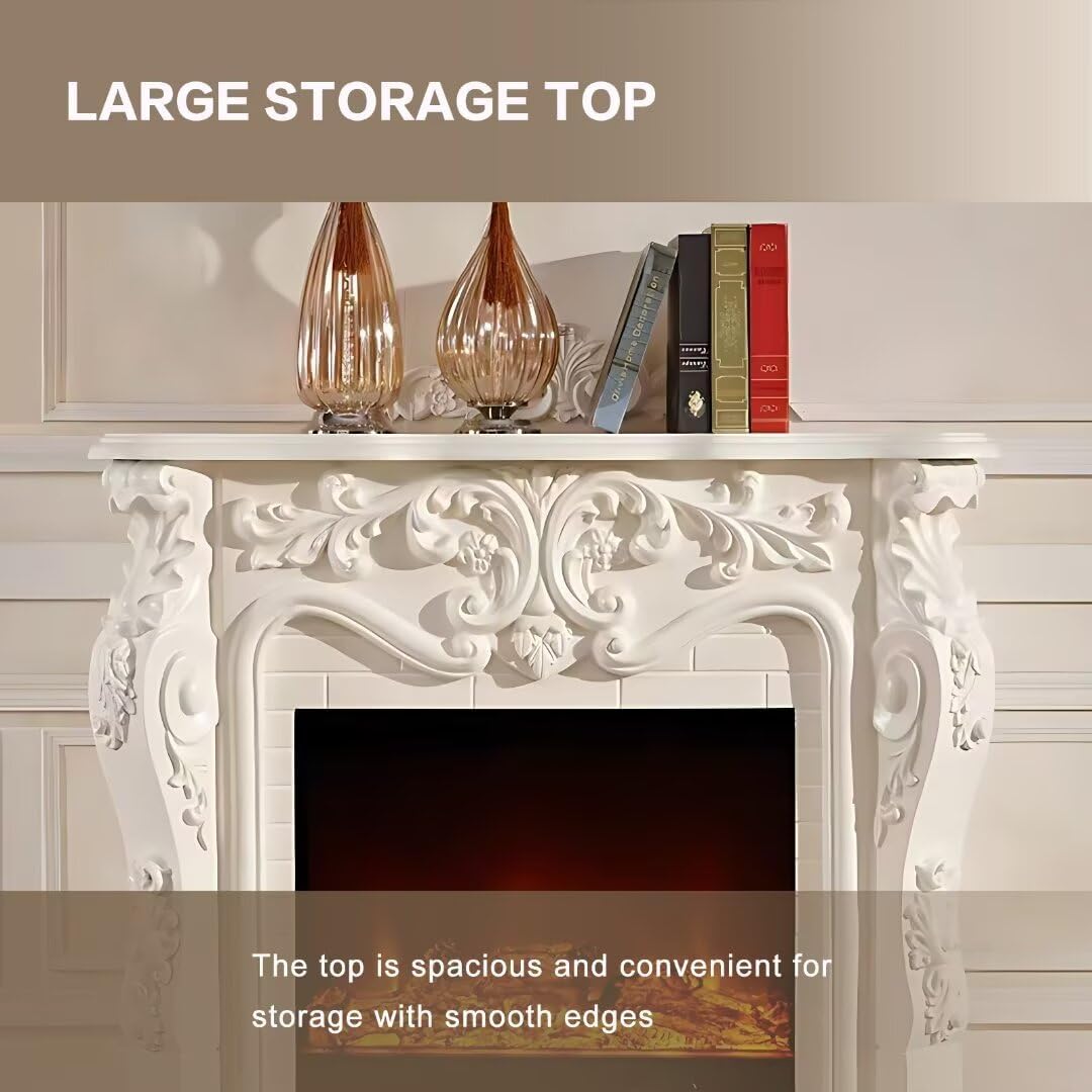 Real Flame Effect Electric Fireplace with Mantel,European Style Carving,Decorative Insert Firebox,Color : White