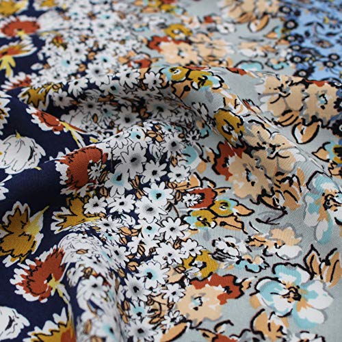 Navy Denim Floral Design Printed 55\" Light-Weight Rayon Challis Fabric by The Yard