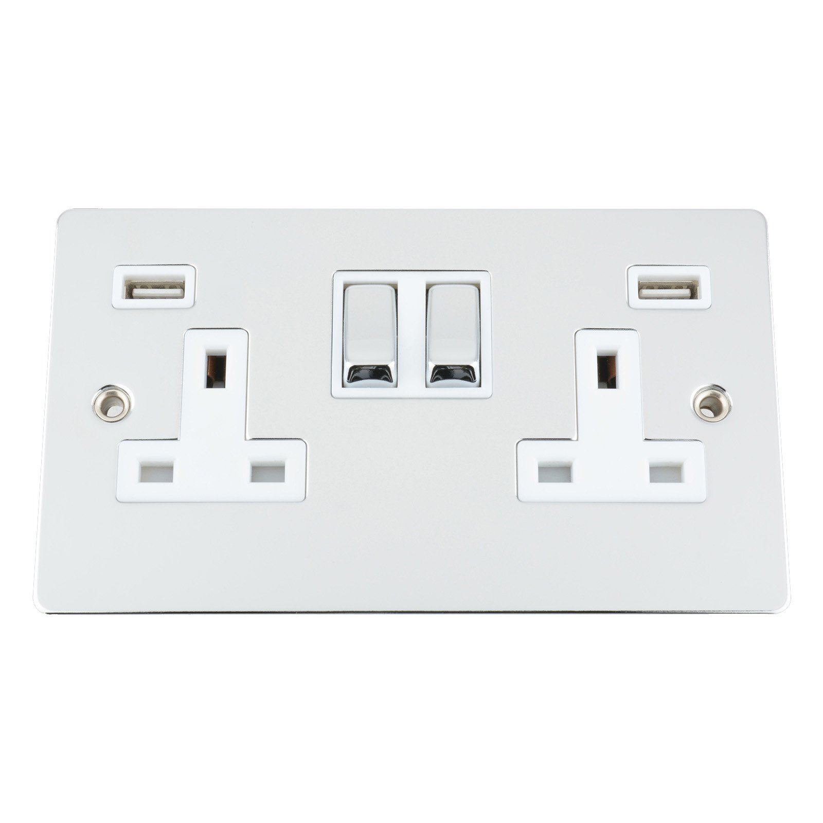A5 Products White Usb Socket 2 Gang - Polished Chrome Flat Insert Metal Rocker (3100Ma)