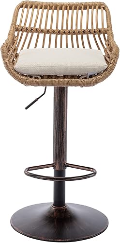 Miniatura 7 de Kakotito Rattan Bar Stools, Adjustable Barstools with Linen Cushion, 360 Swivel Bar Stool with Low Back &amp; Footrest, Classical Barstool Set of 2 for