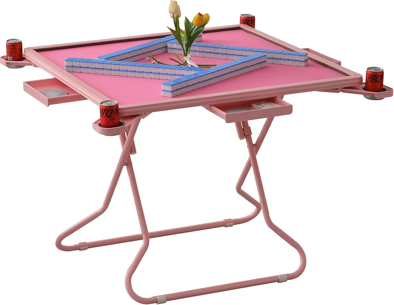 Pink Mahjong Table Foldable, Square 4 Player Card Game Table with Cup Holders & Chip Grooves, Portable Poker Domino Board