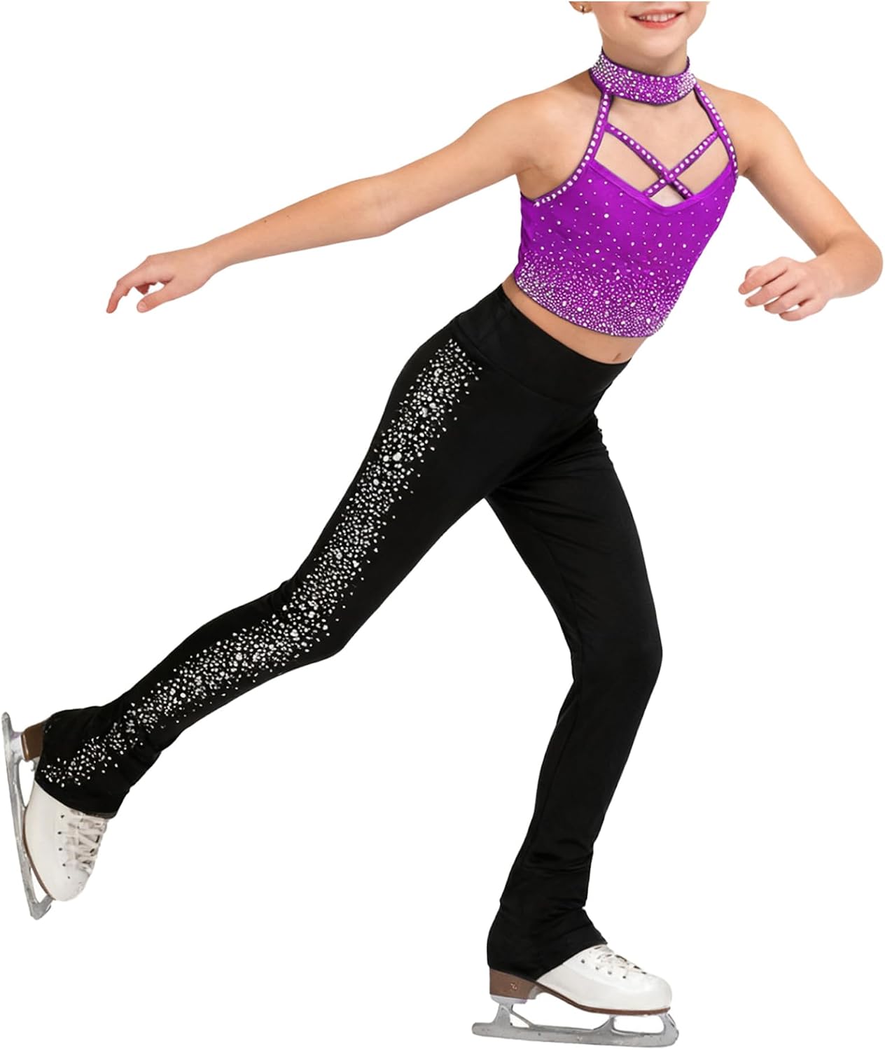 Jugaoge Kids Girls Figure Skating Rhinestones Outfit Sparkle Gymnastics Dance Crop Tops with Pants Set