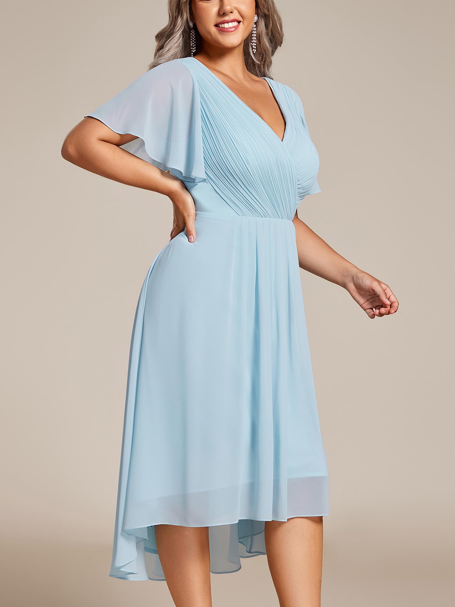 Ever-Pretty Donna Una Linea Increspato Scollo A V Maniche Corte Al Ginocchio Plus Size Wedding Guest Dress 01923-DA, Cielo blu, 50