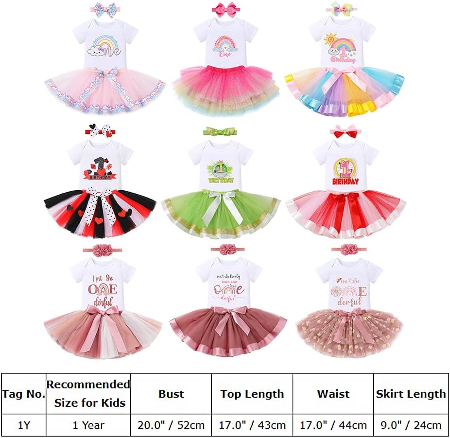 ODASDO Baby Girl's First Birthday Outfit Flower Printed Cotton Short Sleeve Romper Tutu Skirt Crown Headband 3PCS Set
