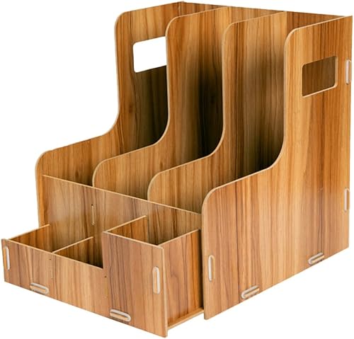 Tofficu Organizador de almacenamiento de escritorio de madera multiusos, estante de archivos creativo para oficina y hogar, diseño de compartimento