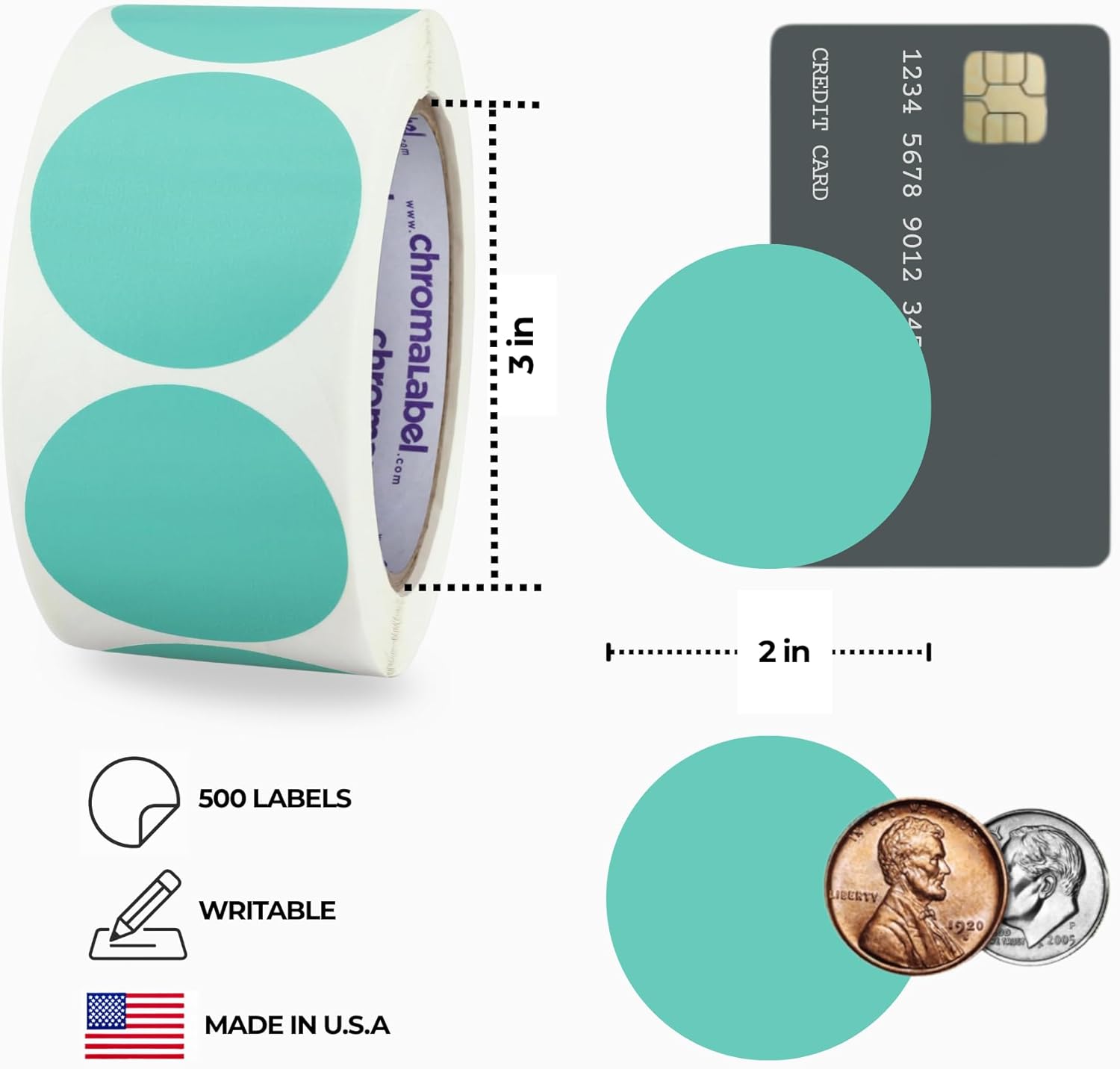 ChromaLabel 2 Inch Round Label Permanent Color Code Dot Stickers, 500 Labels per Roll, Aqua
