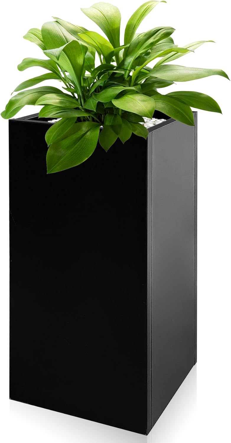 Metal Planter Box for Outdoor Plants 14" x 14" x 30" Large Rectangular Planter Cube Steel Heavy Duty Flower Pot with Insert Shelf and Drainage Holes Suitable for Patio Yard Garden Porch Hotel