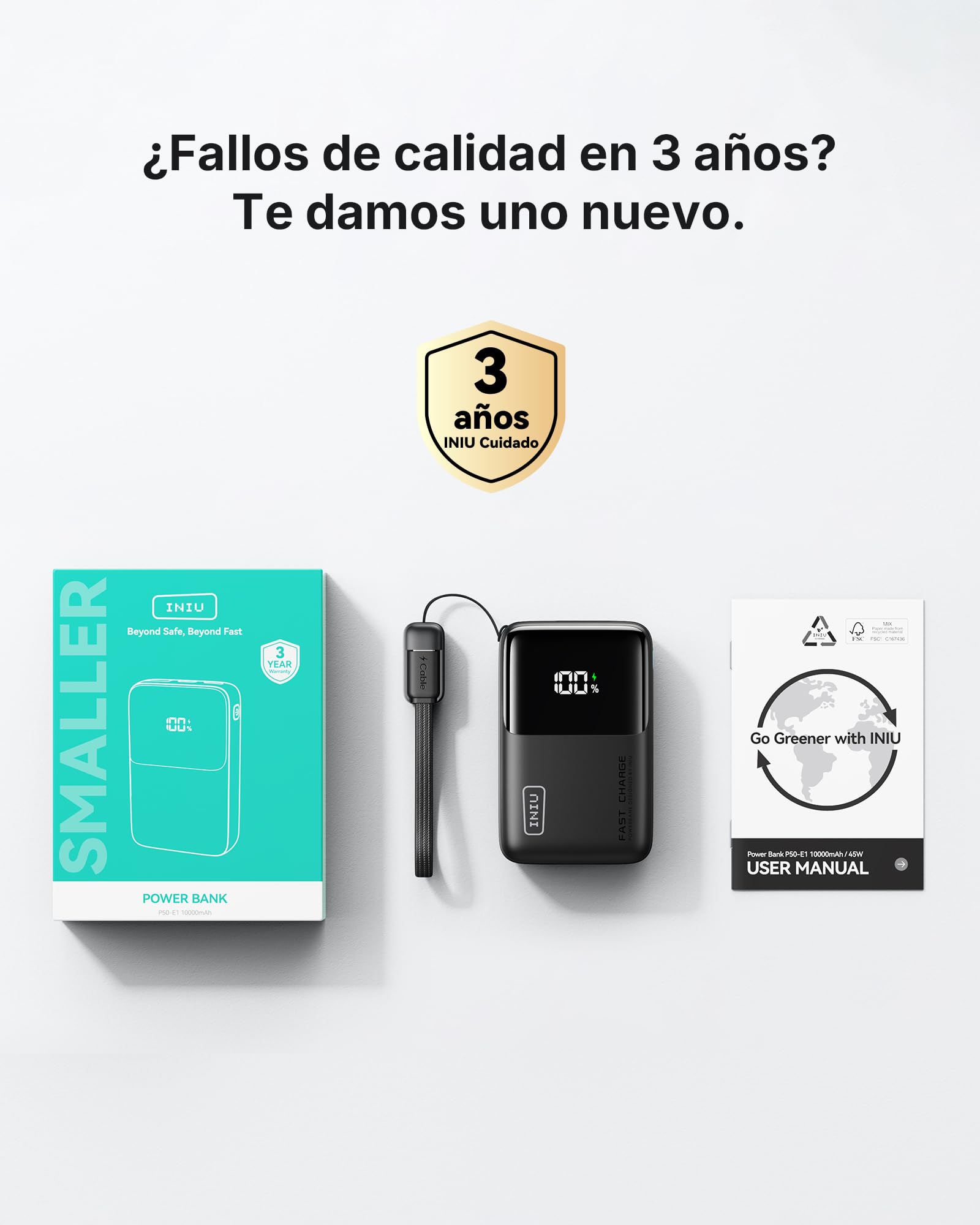 INIU Power Bank, Ultra Mini 45W Carga Rápida 10000mAh Bateria Externa con Cable USB C Desmontable, Apto para Avión & Esenciales de Viaje, Bateria Portatil para iPhone 17 16 Samsung S22 iPad Xiaomi etc