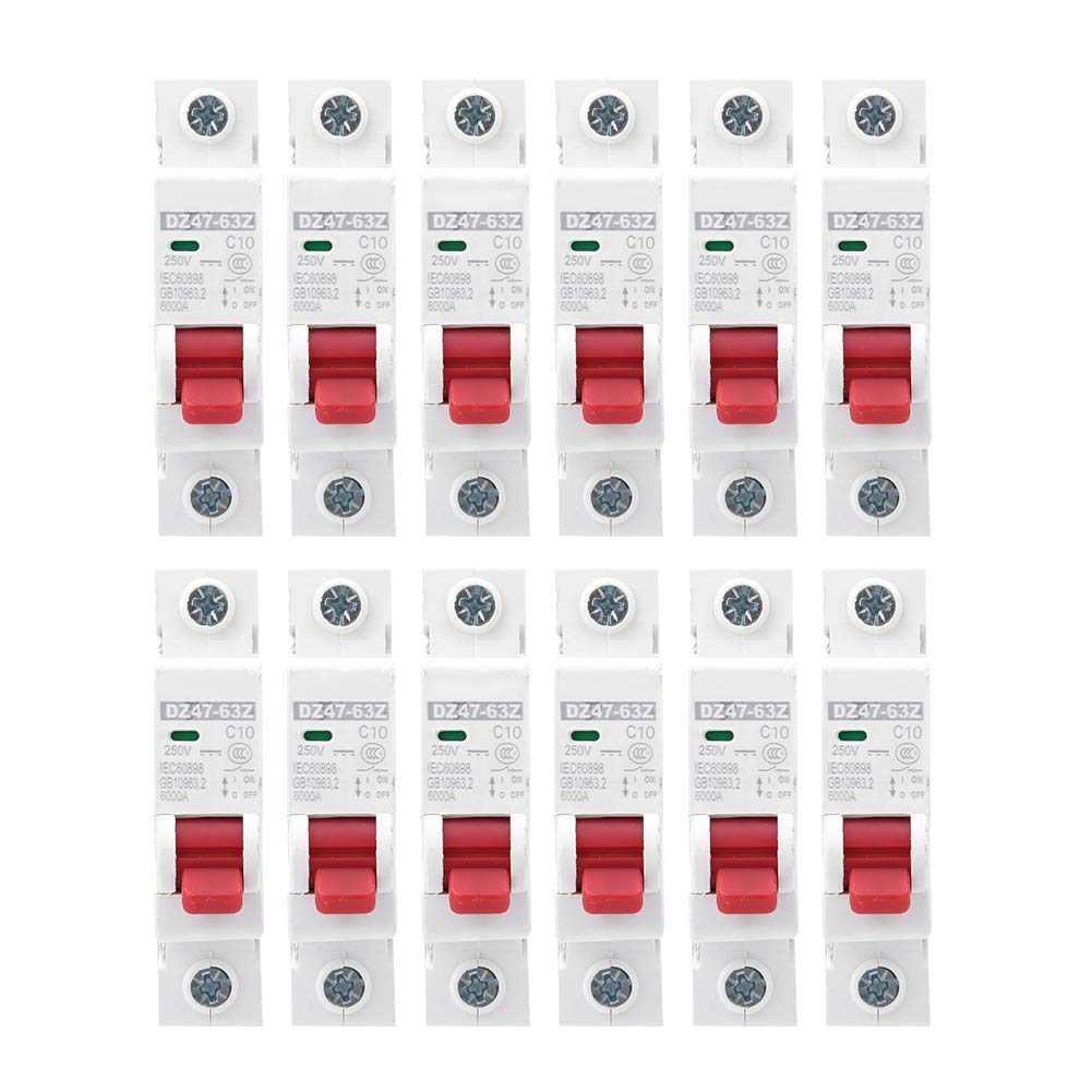 12pcs Miniature Circuit Breaker DZ47 63Z DC 250V 1P MCB Isolator Din Rail Mount Circuit Breaker Air Switch Circuit Protection for Photovoltaic Charge Controller(10A)