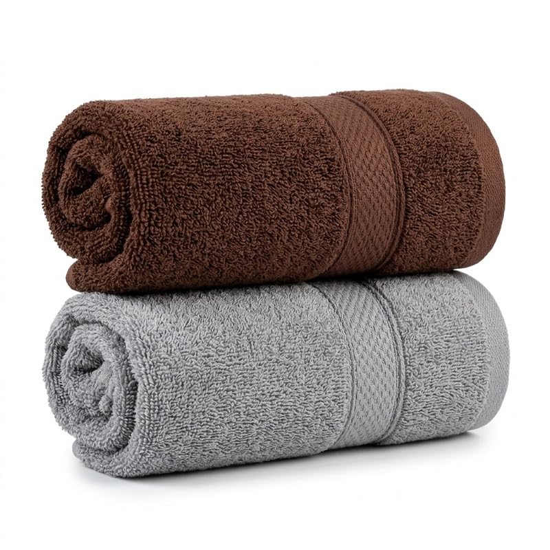 Image of TowelWala Premium Hand Towel 550 GSM Soft Absorbent Quick Dry (Brown /Grey) | Premium 550 GSM cotton with woven border-quick drying and perfect for bathroom, kitchen, gym, and travel.