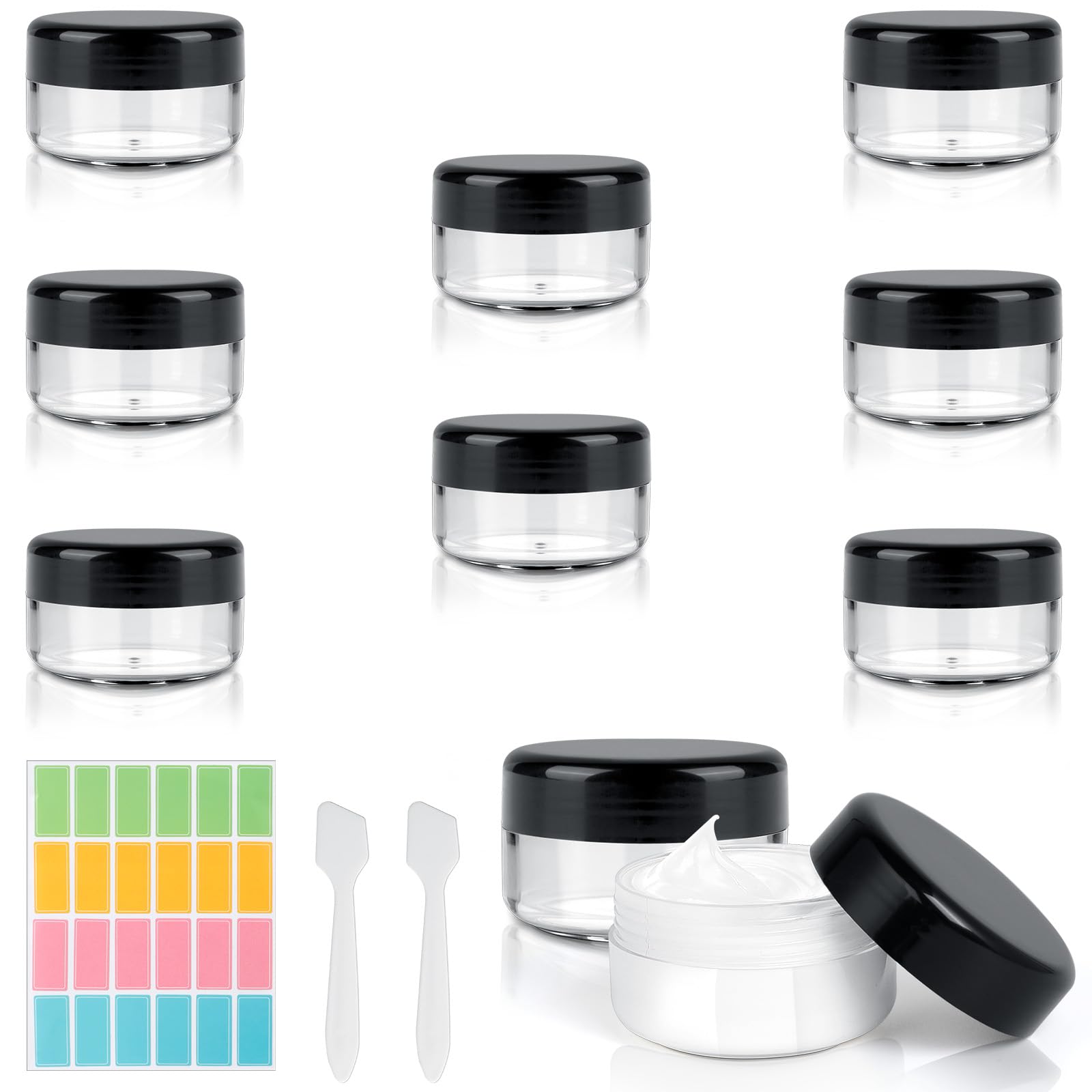 AiQInu 8 Pezzi Contenitori da Viaggio 30ml, Contenitori Creme da Viaggio Trasparente, Vasetti Plastica Cosmetico con 6 raschietto 24 adesivi