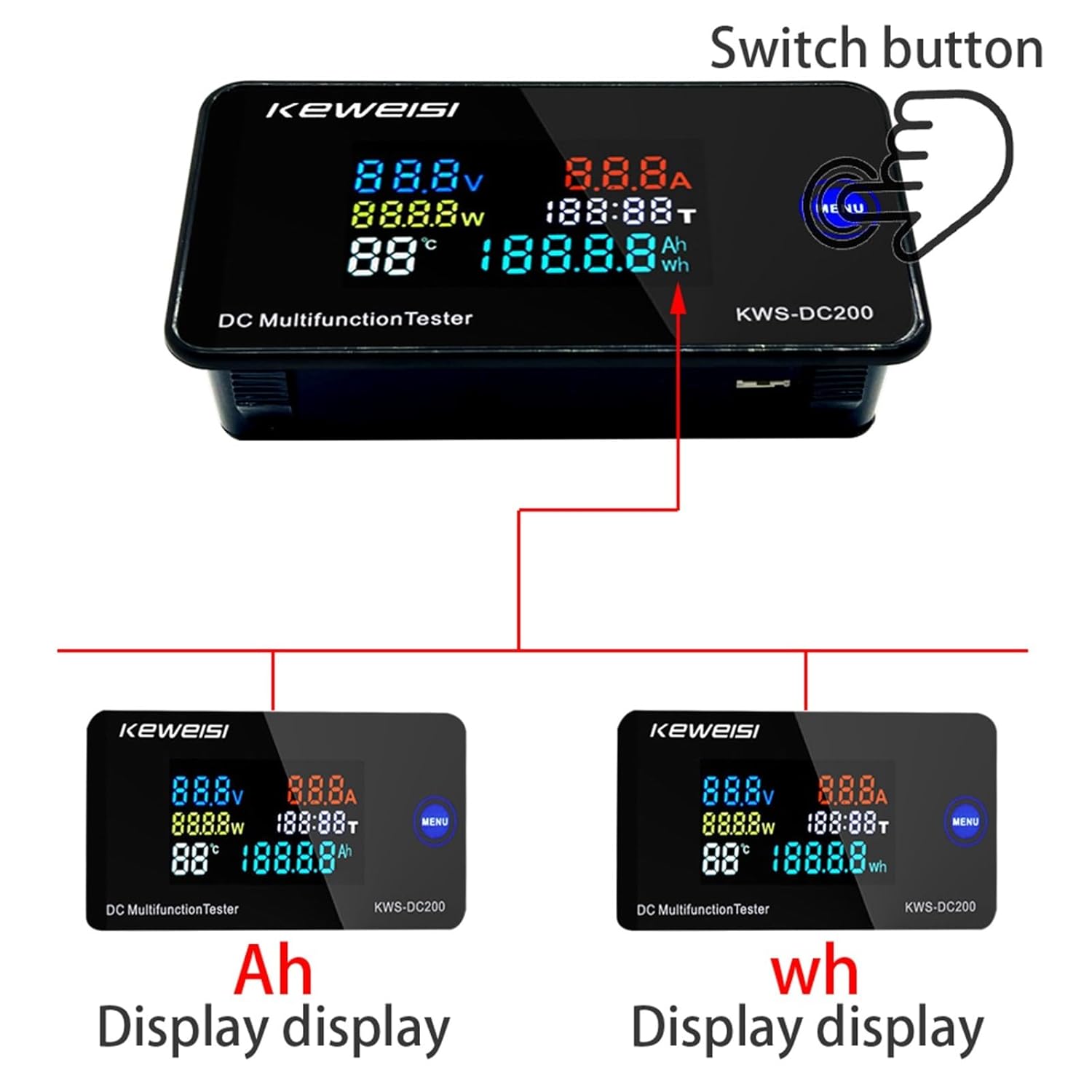 KWS-DC200 display showing Ah and Wh modes, with the MENU button highlighted.