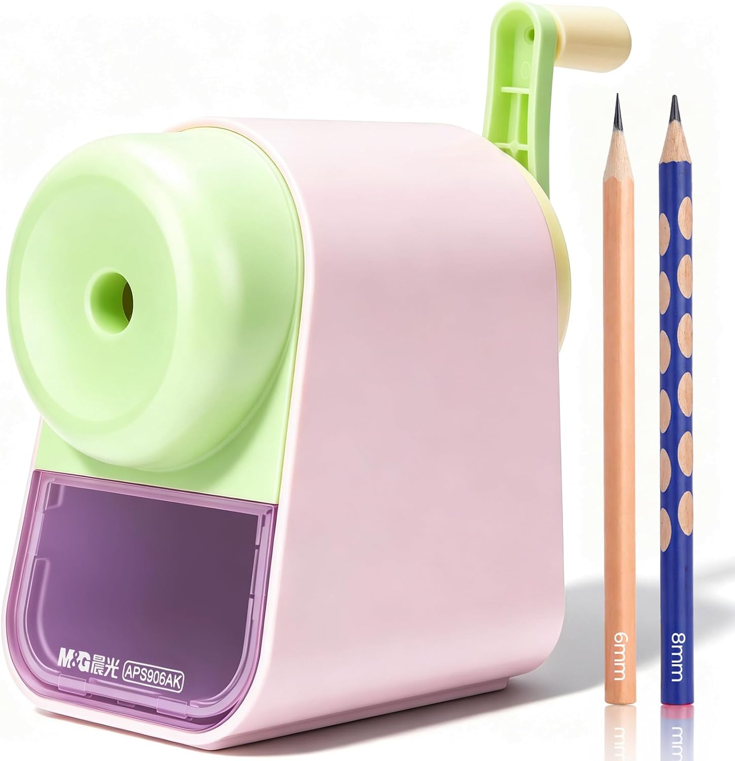 M&G Manual Pencil Sharpener, Hand Crank Pencil Sharpener for 6-8mm Pencils, Labor-Saving Desk Sharpener with Auto Pencil Release, Cute Pink Green Sharpener for Kids, Students, School and Home
