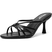 RIBONGZ Mule Kitten Heels for Women Dressy High Heeled Shoes Summer Square Open Toe Strappy Dress Sandals Backless Comfortable Mules Wedding Bridal Parties Office Vacation Casual Shoes