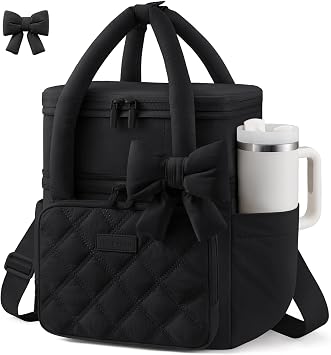LOVEVOOK Insulated Lunch Box for Women,Large Adult Lunch Cooler Bag Women | Cup Holder,Bow Expandable Double Deck,Quilted Puffer Lunch Tote,Large Leakproof Collapsible Cooler Bag,Work,College,Picnic