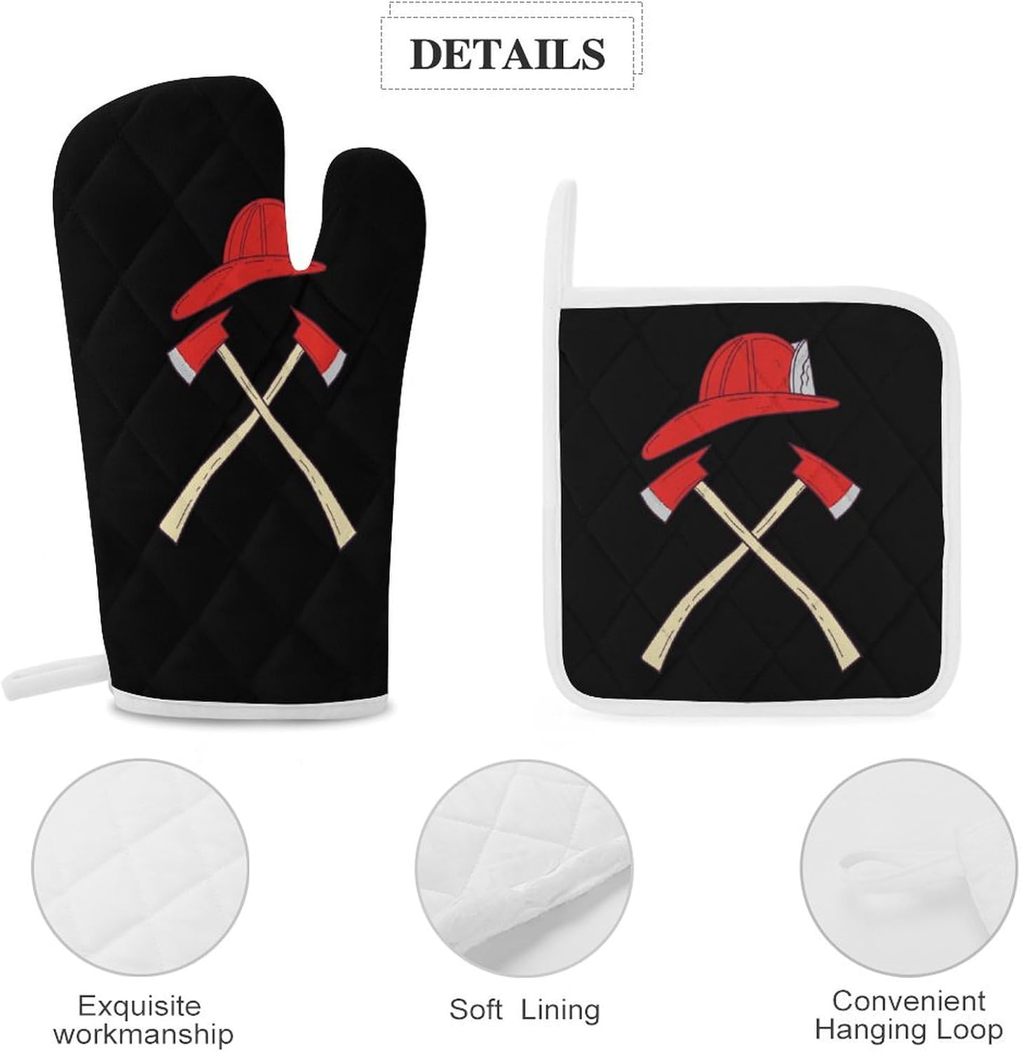 Fire Axe Firefighter Print Oven Mitts and Pot Holders 3 Piece Sets Heat Resistant Gloves Hot Pads Potholders for Kitchen Baking Cooking