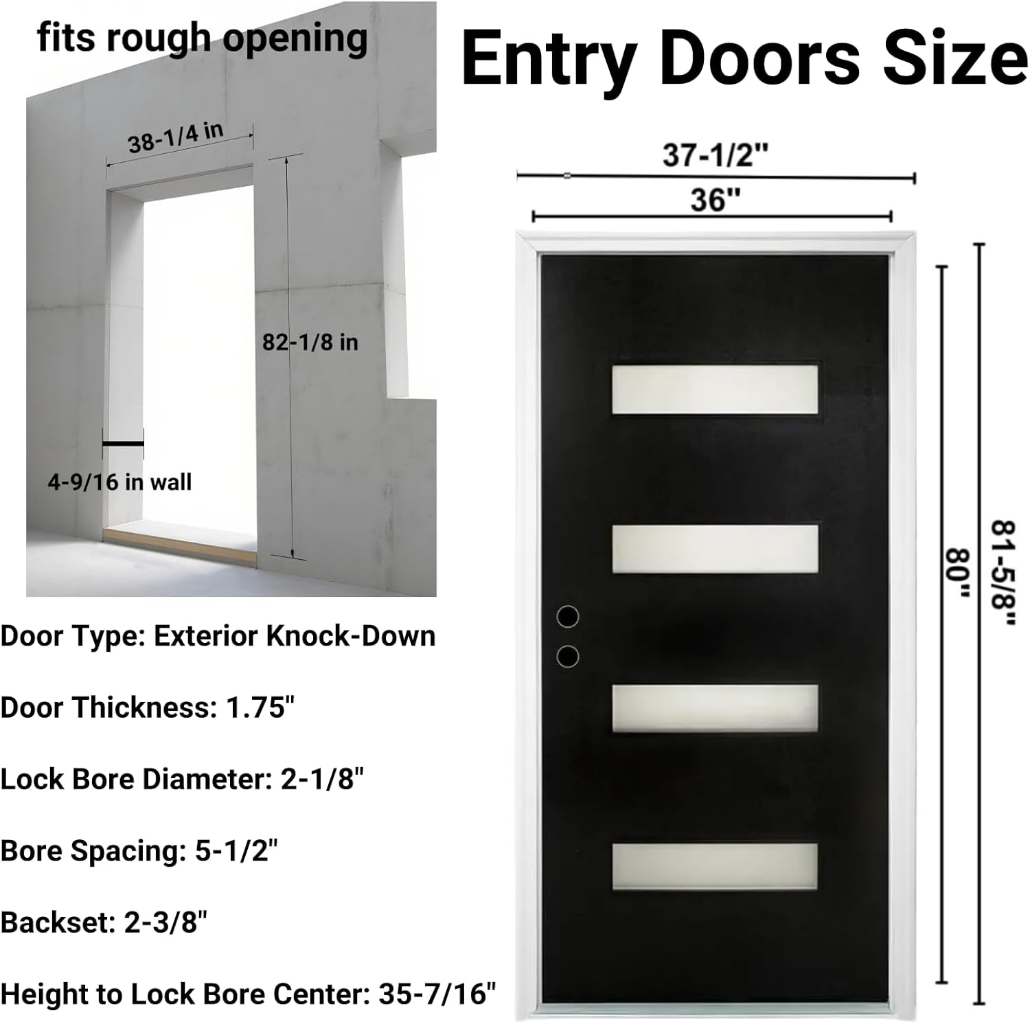 Fiberglass Entry Door Right Hand Inswing, 36 x 80, 4 Lite Frosted Glass 4-9/16 in. Vinyl Frame, Contemporary Style for Home's Front Entrance, Black Finished Knock-Down Entry Door